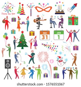festival flat icon set, object for happy new year, activity, birthday, socialize, music, sing, gift, christmas, end of the year, firework