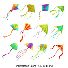 Festival flying kites bright set, wind fun. Toy consisting on a light frame. Vector flat style cartoon kids kites illustration isolated on white background