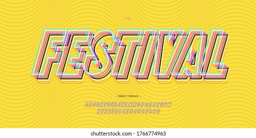 Festival font 3d bold line style for summer party poster, t shirt, flier, decoration, card, sale banner, printing on fabric, industrial. Cool typeface. Trendy alphabet. Vector 10 eps
