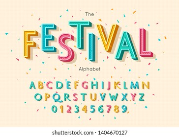 Festival font and alphabet. Colorful vector letters and numbers