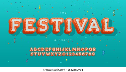 Festival font and alphabet design. Bright festive abc, letters and numbers. Vector illustration