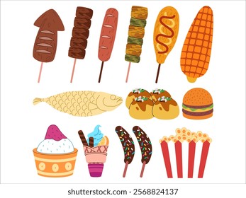 Festival foods snack dessert cuisine street food popcorn hamburger squid sausage grilled shashlik satay corndog roasted corn fried fish Takoyaki shaved ice ice-cream banana coated chocolate sweet