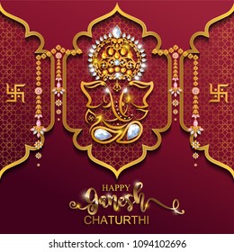 Festival of Ganesh Chaturthi with golden shiny Lord Ganesha patterned and crystals on paper color Background. Festival of Ganesh Chaturthi with golden shiny Lord Ganesha patterned and crystals on paper color Background.