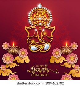 Festival of Ganesh Chaturthi with golden shiny Lord Ganesha patterned and crystals on paper color Background. Festival of Ganesh Chaturthi with golden shiny Lord Ganesha patterned and crystals on paper color Background.