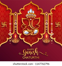 Festival of Ganesh Chaturthi with golden shiny Lord Ganesha patterned and crystals on paper color Background. Festival of Ganesh Chaturthi with golden shiny Lord Ganesha patterned and crystals on paper color Background.