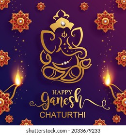 Festival of ganesh chaturthi with golden shiny lord ganesha most famous festivals ff india with patterned and crystals on paper color background.