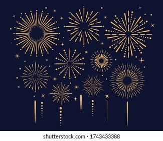 Festival gold fireworks explode in the sky. Fireworks background for banner, poster. Independence, celebration, anniversary templates. Vector illustration