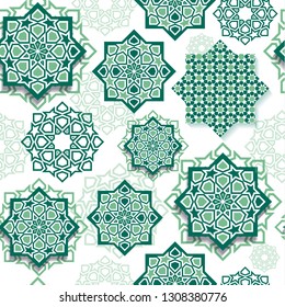 Festival graphic of islamic geometric art. Seamless pattern decoration in green. Eid Mubarak celebration.