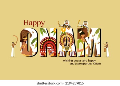 Festival greeting for 'Onam' with King Mahabali and traditional art forms. Onam is a harvest festival in Kerala, India