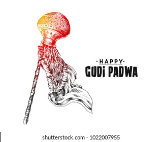 Festival Of Gudi Padwa Marathi New Year, Hand Drawn Sketch Vector illustration.