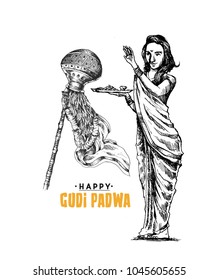 Festival Of Gudi Padwa Marathi New Year, Hand Drawn Sketch Vector illustration.