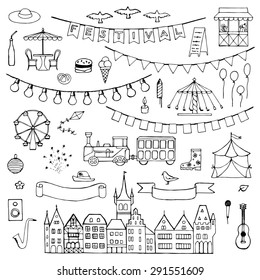 Festival hand drawn doodle set. Vector illustration for backgrounds, card, posters, textile prints, covers, fliers