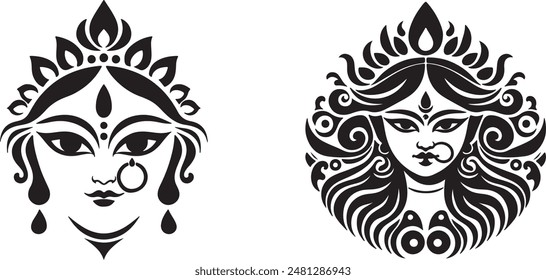 festival, hinduism, indian, religion, religious, silhouette, spiritual, goddess, face, illustration, design, line art, symbol, vector, background, traditional, durga, artistic, calligraphic, clip art