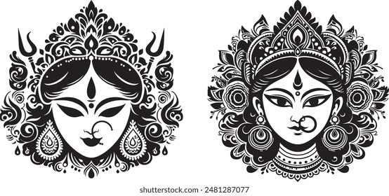 festival, hinduism, indian, religion, religious, silhouette, spiritual, goddess, face, illustration, design, line art, symbol, vector, background, traditional, durga, artistic, calligraphic, clip art