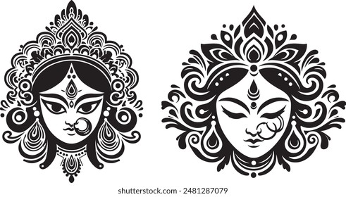 festival, hinduism, indian, religion, religious, silhouette, spiritual, goddess, face, illustration, design, line art, symbol, vector, background, traditional, durga, artistic, calligraphic, clip art