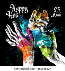 Festival Holi poster with a hands and bright paint on black background. Vector illustration.