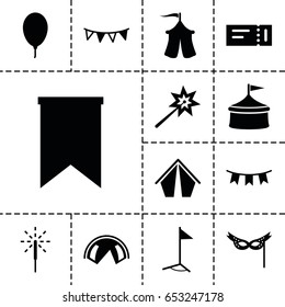 Festival icon. set of 13 filled festivalicons such as ticket, party flag, balloon, sparkler, mask, tent, flag, sparklers