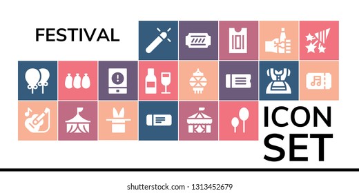 festival icon set. 19 filled festival icons.  Collection Of - Magic, Balloons, Guitar, Circus, Ticket, Event, Wine, Lantern, Dirndl, Oktoberfest, Confetti