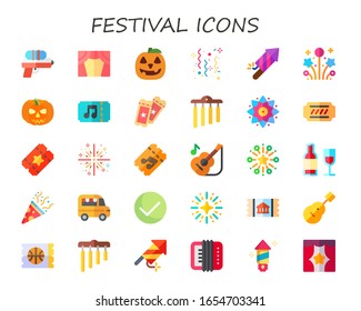 festival icon set. 30 flat festival icons.  Simple modern icons such as: water gun, stage, pumpkin, confetti, fireworks, ticket, tickets, chimes, rangoli, firework, guitar, wine