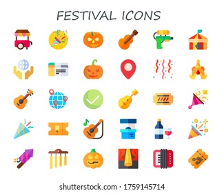 festival icon set. 30 flat festival icons.  Simple modern icons such as: ice cream cart, confetti, pumpkin, guitar, water gun, circus, maps and flags, tickets, thailand, ticket