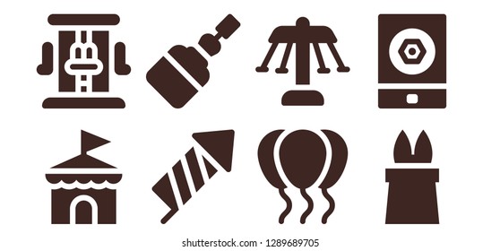  festival icon set. 8 filled festival icons. Simple modern icons about  - Circus, Roller coaster, Firecracker, Fermentation, Balloons, Carousel, Magic, Event