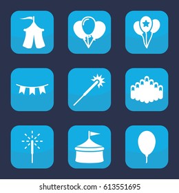 Festival icon. set of 9 filled festival icons such as sparklers, harmonica, party flag, balloon, sparkler, tent