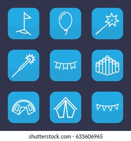 Festival icon. set of 9 outline festival icons such as sparklers, harmonica, party flag, balloon, flag