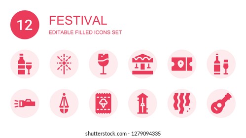 festival icon set. Collection of 12 filled festival icons included Wine, Fireworks, Carousel, Ticket, Lantern, Free fall, Confetti, Guitar