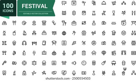 Festival icon set. Collection of line icons related to festival, holidays, event. Minimalist thin linear web ui icon set. Simple editable vector stroke illustration.