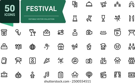 Festival icon set. Collection of line icons related to festival, holidays, event. Minimalist thin linear web ui icon set. Simple editable vector stroke illustration.