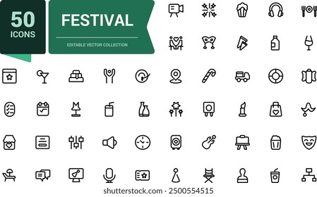 Festival icon set. Collection of line icons related to festival, holidays, event. Minimalist thin linear web ui icon set. Simple editable vector stroke illustration.