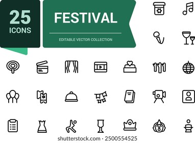 Festival icon set. Collection of line icons related to festival, holidays, event. Minimalist thin linear web ui icon set. Simple editable vector stroke illustration.