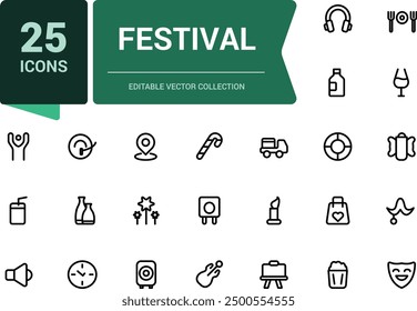 Festival icon set. Collection of line icons related to festival, holidays, event. Minimalist thin linear web ui icon set. Simple editable vector stroke illustration.