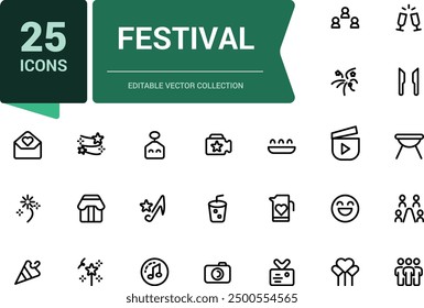 Festival icon set. Collection of line icons related to festival, holidays, event. Minimalist thin linear web ui icon set. Simple editable vector stroke illustration.