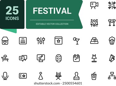 Festival icon set. Collection of line icons related to festival, holidays, event. Minimalist thin linear web ui icon set. Simple editable vector stroke illustration.