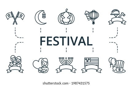 Festival icon set. Contains editable icons theme such as labor day, halloween, hanukkah and more.