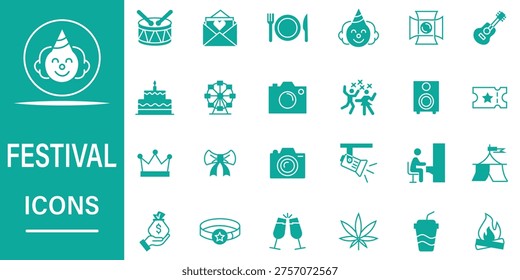 Festival icon set. Featuring icons of various music, party, chinese, fireworks, celebration, food, and more. Vector illustration.