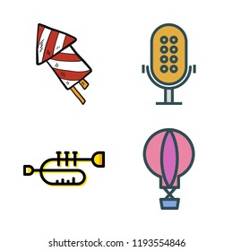 festival icon set. vector set about microphone, hot air balloon, firework and trumpet icons set.