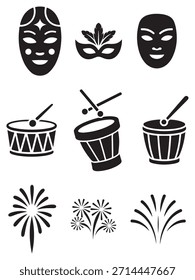 Festival Icon Set Vector – Máscaras, Batería y Fuegos Artificiales en Silueta Negra para Celebraciones Culturales