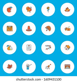Festival icons colored line set with thanksgiving hat, fireplace, bells and other pilgrim hat elements. Isolated vector illustration festival icons.