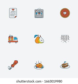 Festival icons colored line set with umbrella, piece of cake, thanksgiving photo and other tart elements. Isolated vector illustration festival icons.