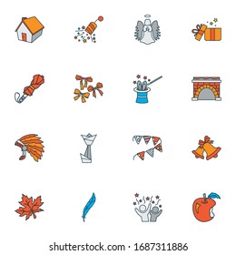 Festival icons colored line set with fireplace, apple, feather and other halo elements. Isolated vector illustration festival icons.