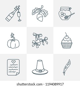 Festival icons line style set with honey, wish list, feather and other plume elements. Isolated vector illustration festival icons.