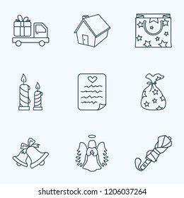 Festival icons line style set with bells, gift paper bag, angel and other home elements. Isolated vector illustration festival icons.