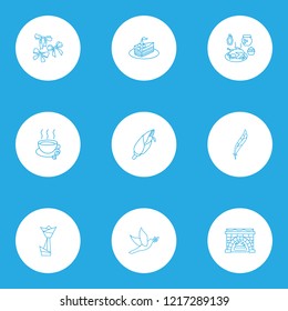 Festival icons line style set with piece of cake, hot coffee, thanksgiving dinner and other food elements. Isolated vector illustration festival icons.
