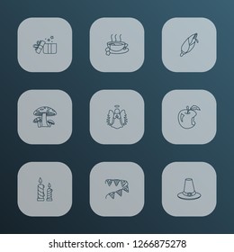 Festival icons line style set with mushroom, candles, hot tea pilgrim hat elements. Isolated vector illustration festival icons.