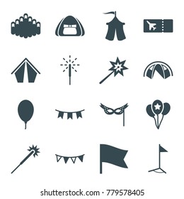 Festival icons. set of 16 editable filled festival icons such as sparklers, tent, harmonica, party flag, balloon, sparkler, mask, flag