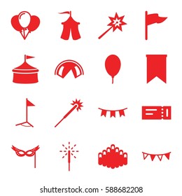 festival icons set. Set of 16 festival filled icons such as ticket, sparklers, harmonica, party flag, balloon, sparkler, mask, tent, flag