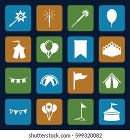 festival icons set. Set of 16 festival filled icons such as sparklers, harmonica, party flag, balloon, sparkler, tent, flag