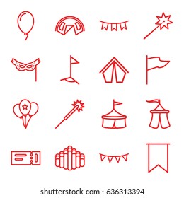 Festival icons set. set of 16 festival outline icons such as ticket, sparklers, harmonica, party flag, balloon, mask, tent, flag
